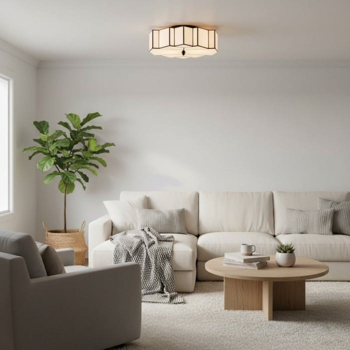 Kelsar Art Deco Tiffany Ceiling Light - Geometric Stained Glass Flush Mount Fixture for Living Room HL2101