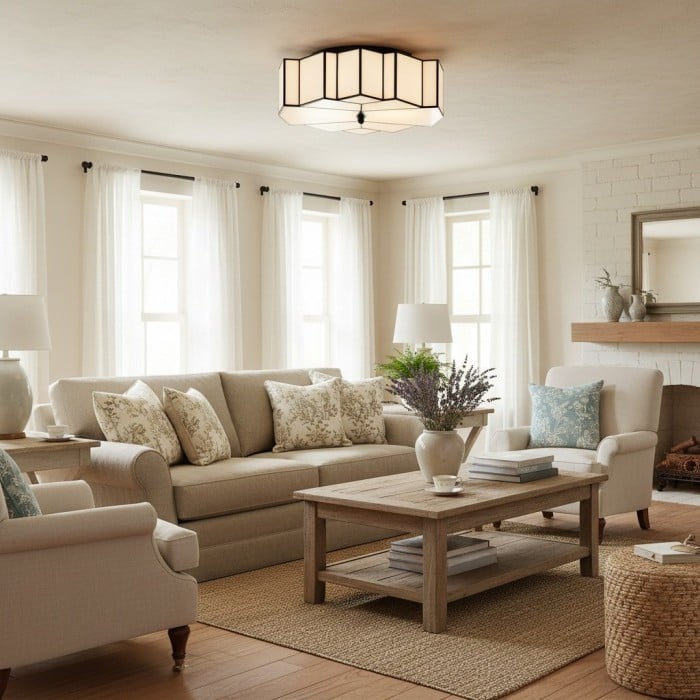 Kelsar Art Deco Tiffany Ceiling Light - Geometric Stained Glass Flush Mount Fixture for Living Room HL2101