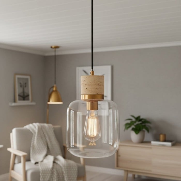 Korlisse Natural Stone and Glass Pendant Light - Stylish Lamp for Lounge or Living Room HL2124
