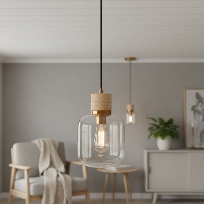Korlisse Natural Stone and Glass Pendant Light - Stylish Lamp for Lounge or Living Room HL2124