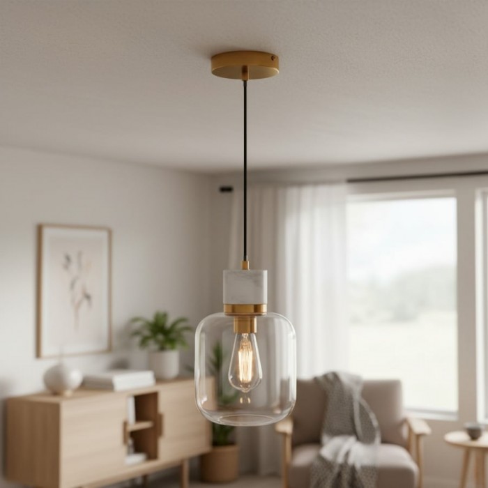 Korlisse Natural Stone and Glass Pendant Light - Stylish Lamp for Lounge or Living Room HL2124