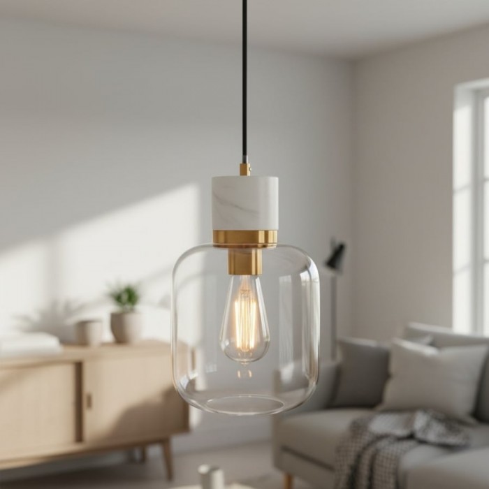 Korlisse Natural Stone and Glass Pendant Light - Stylish Lamp for Lounge or Living Room HL2124
