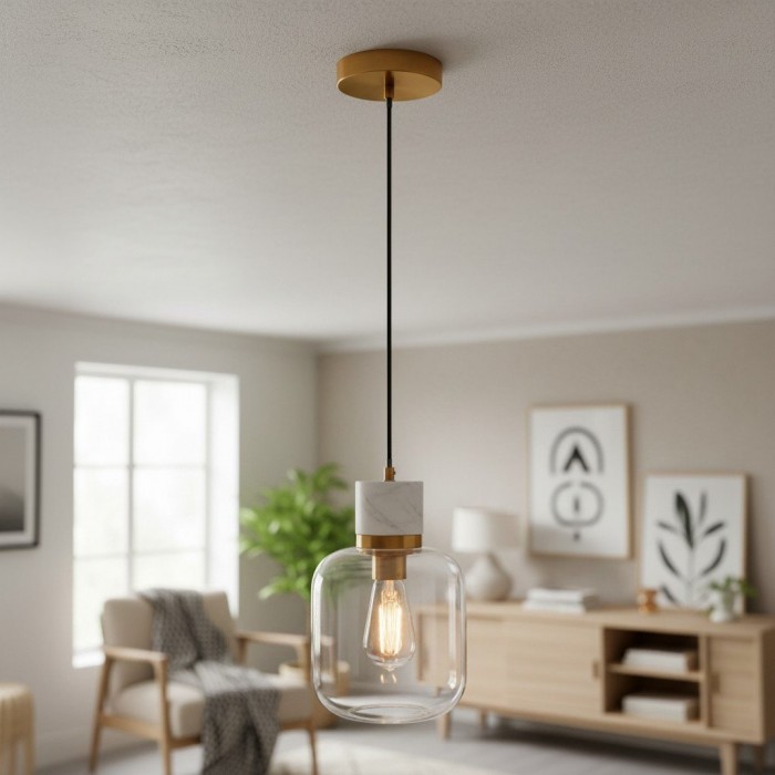 Korlisse Natural Stone and Glass Pendant Light - Stylish Lamp for Lounge or Living Room HL2124