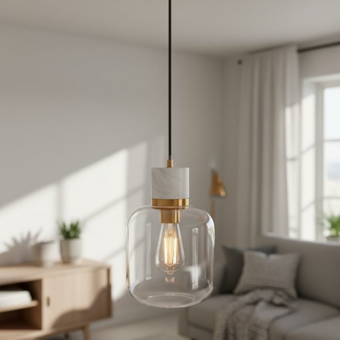 Korlisse Natural Stone and Glass Pendant Light - Stylish Lamp for Lounge or Living Room HL2124