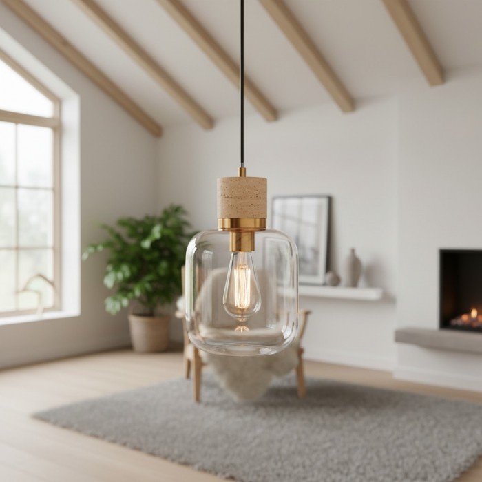Korlisse Natural Stone and Glass Pendant Light - Stylish Lamp for Lounge or Living Room HL2124