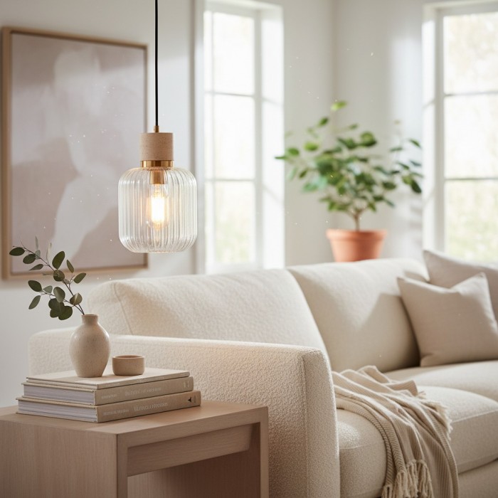 Korlisse Natural Stone and Glass Pendant Light - Stylish Lamp for Lounge or Living Room HL2124