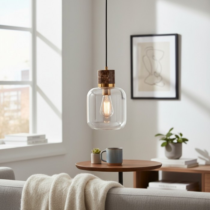 Korlisse Natural Stone and Glass Pendant Light - Stylish Lamp for Lounge or Living Room HL2124