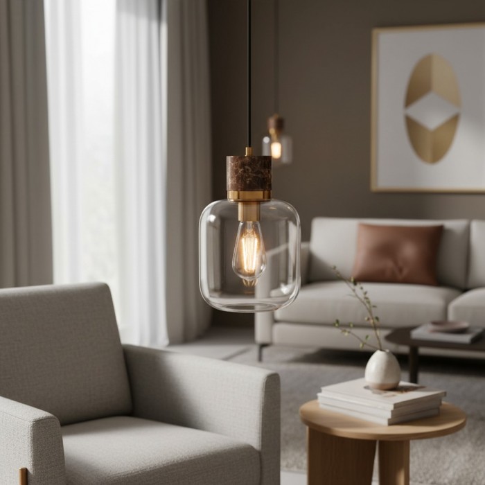 Korlisse Natural Stone and Glass Pendant Light - Stylish Lamp for Lounge or Living Room HL2124