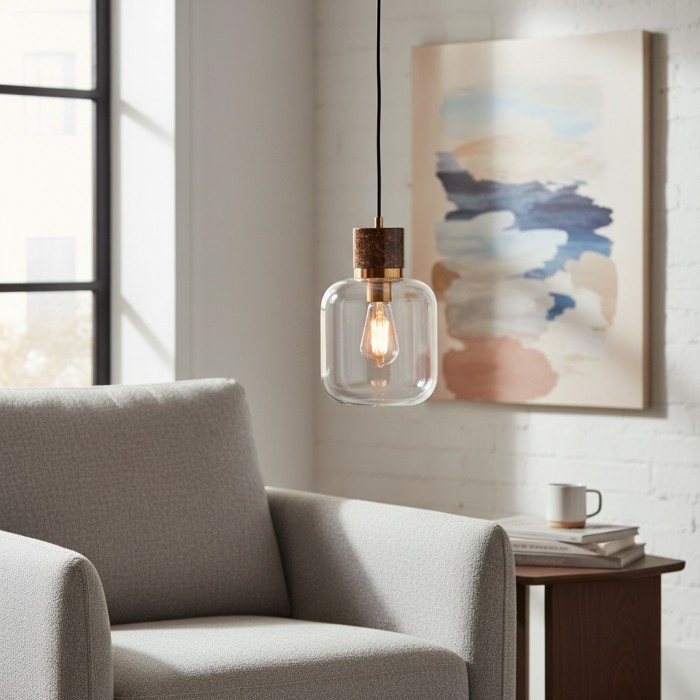 Korlisse Natural Stone and Glass Pendant Light - Stylish Lamp for Lounge or Living Room HL2124