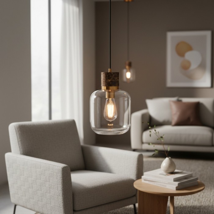 Korlisse Natural Stone and Glass Pendant Light - Stylish Lamp for Lounge or Living Room HL2124