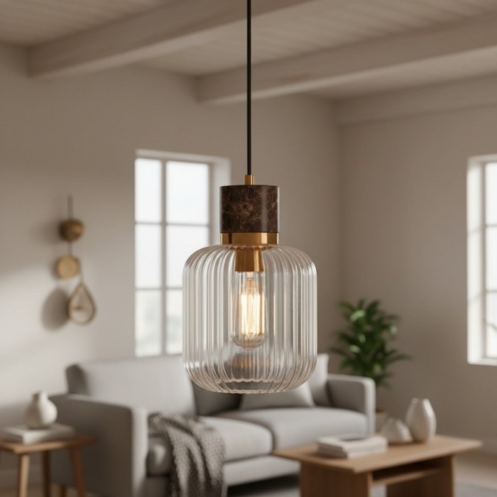 Korlisse Natural Stone and Glass Pendant Light - Stylish Lamp for Lounge or Living Room HL2124