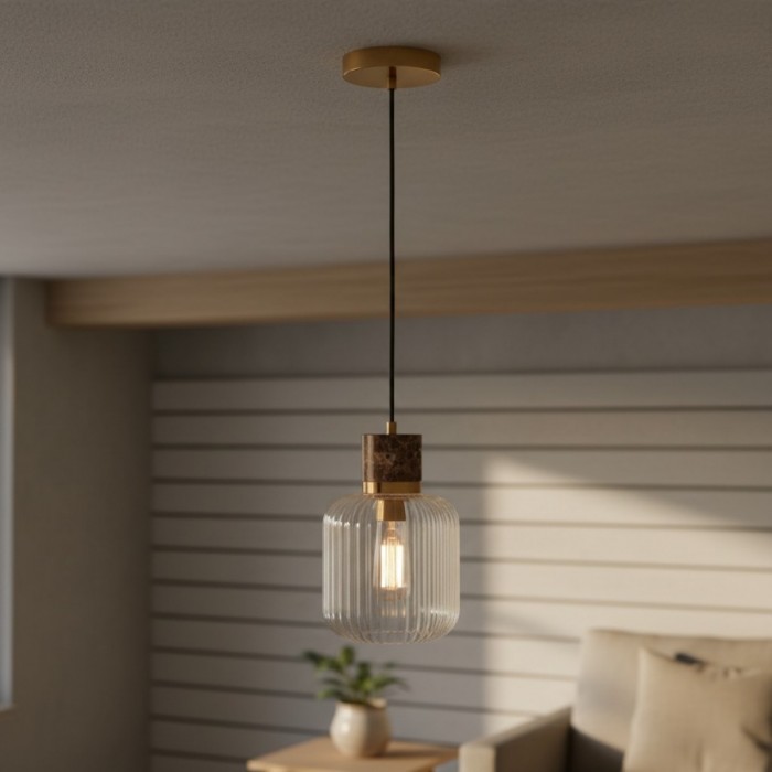 Korlisse Natural Stone and Glass Pendant Light - Stylish Lamp for Lounge or Living Room HL2124