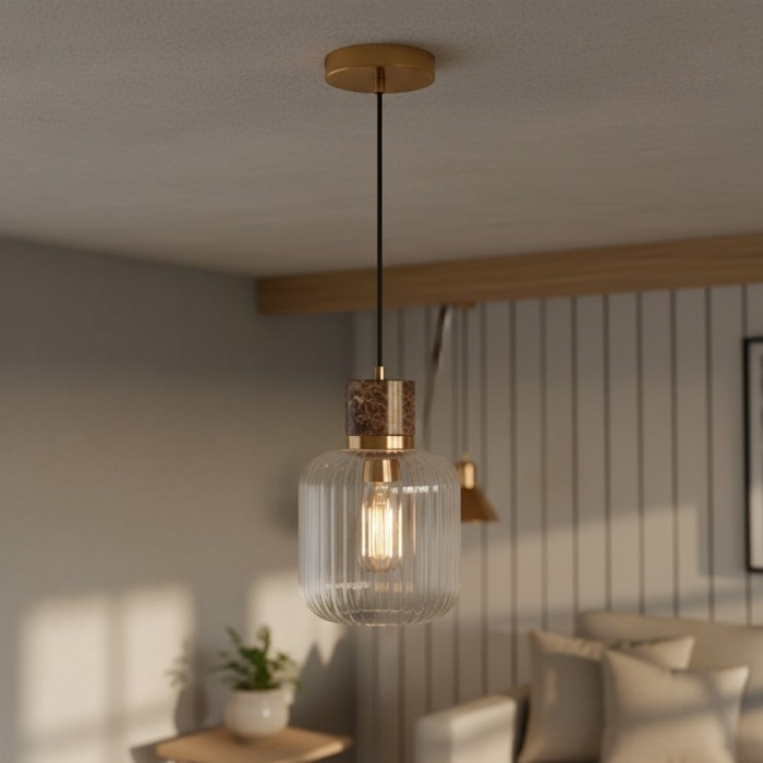 Korlisse Natural Stone and Glass Pendant Light - Stylish Lamp for Lounge or Living Room HL2124