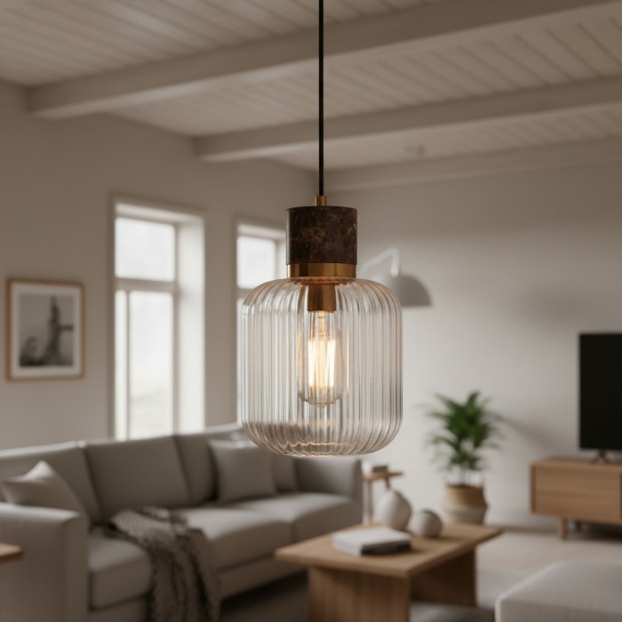 Korlisse Natural Stone and Glass Pendant Light - Stylish Lamp for Lounge or Living Room HL2124