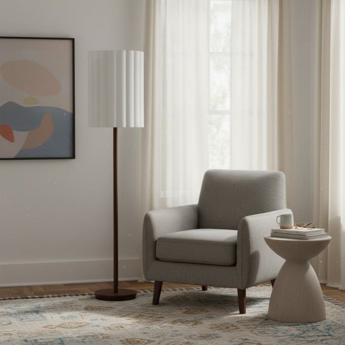 Lampadaire Linbron en bois de noyer avec abat-jour en lin cannelé - Décoration intérieure moderne et naturelle HL1915