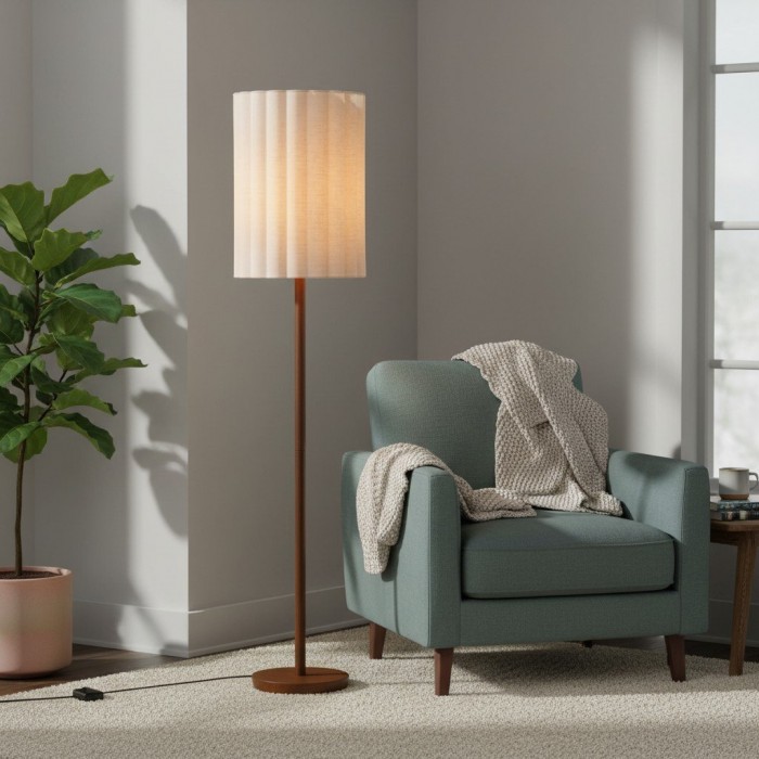 Linbron vloerlamp van walnoothout met geribbelde linnen kap - Moderne natuurlijke woondecoratie HL1915