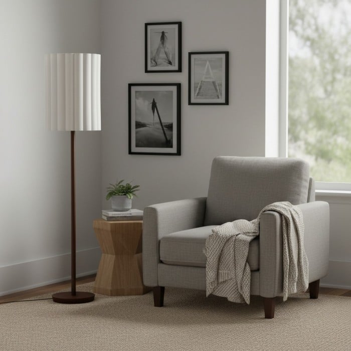 Lampadaire Linbron en bois de noyer avec abat-jour en lin cannelé - Décoration intérieure moderne et naturelle HL1915