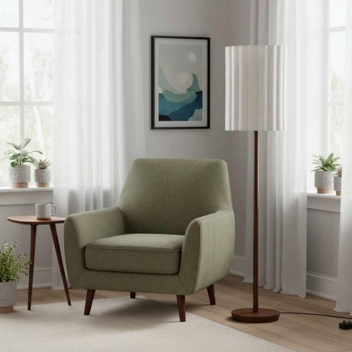 Linbron vloerlamp van walnoothout met geribbelde linnen kap - Moderne natuurlijke woondecoratie HL1915