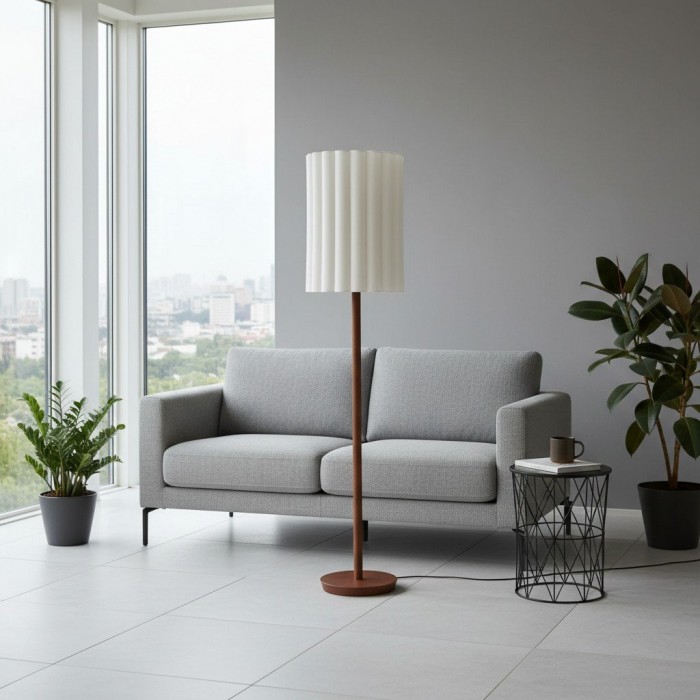 Linbron vloerlamp van walnoothout met geribbelde linnen kap - Moderne natuurlijke woondecoratie HL1915