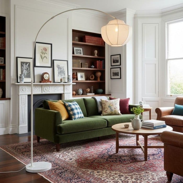 Lampadaire arqué Lumifil avec abat-jour en tissu et support en métal pour un éclairage d'ambiance doux dans le salon HL1977