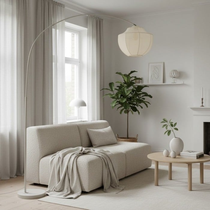 Lampadaire arqué Lumifil avec abat-jour en tissu et support en métal pour un éclairage d'ambiance doux dans le salon HL1977