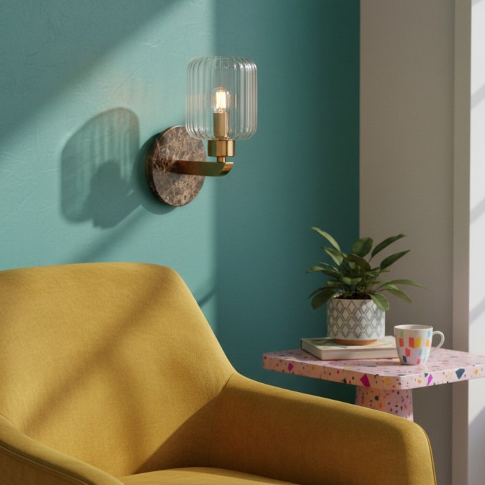 Korlisse Modern Marble Wall Light - Vintage Brass & Clear Glass Accent for Living Room and Hallway HL2145