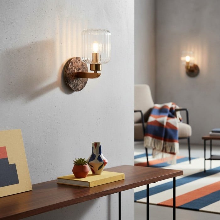 Korlisse Modern Marble Wall Light - Vintage Brass & Clear Glass Accent for Living Room and Hallway HL2145