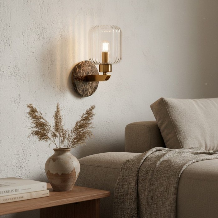 Korlisse Modern Marble Wall Light - Vintage Brass & Clear Glass Accent for Living Room and Hallway HL2145