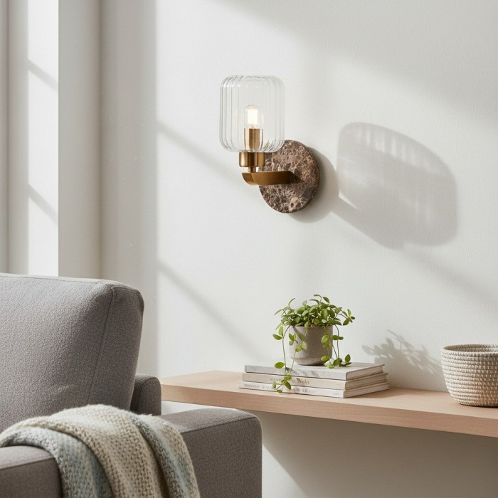 Korlisse Modern Marble Wall Light - Vintage Brass & Clear Glass Accent for Living Room and Hallway HL2145