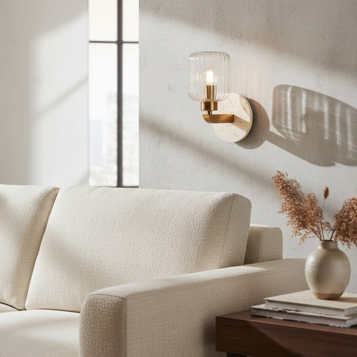 Korlisse Modern Marble Wall Light - Vintage Brass & Clear Glass Accent for Living Room and Hallway HL2145