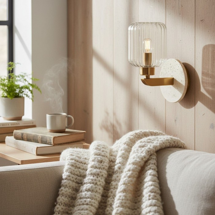 Korlisse Modern Marble Wall Light - Vintage Brass & Clear Glass Accent for Living Room and Hallway HL2145