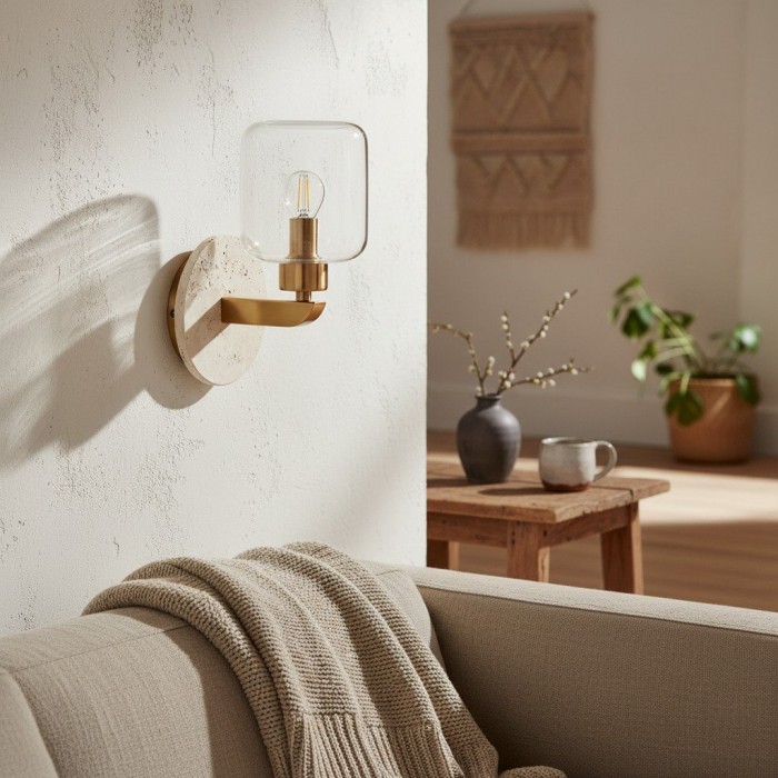 Korlisse Modern Marble Wall Light - Vintage Brass & Clear Glass Accent for Living Room and Hallway HL2145