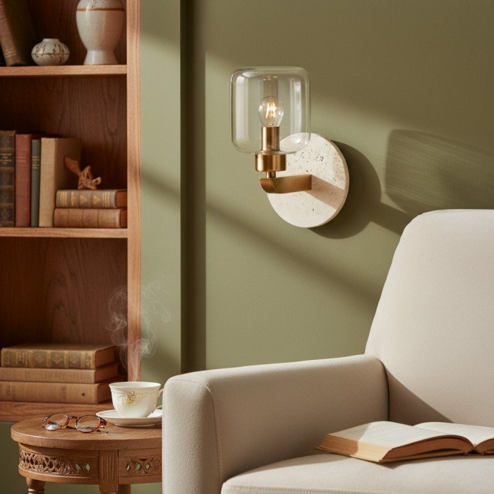 Korlisse Modern Marble Wall Light - Vintage Brass & Clear Glass Accent for Living Room and Hallway HL2145