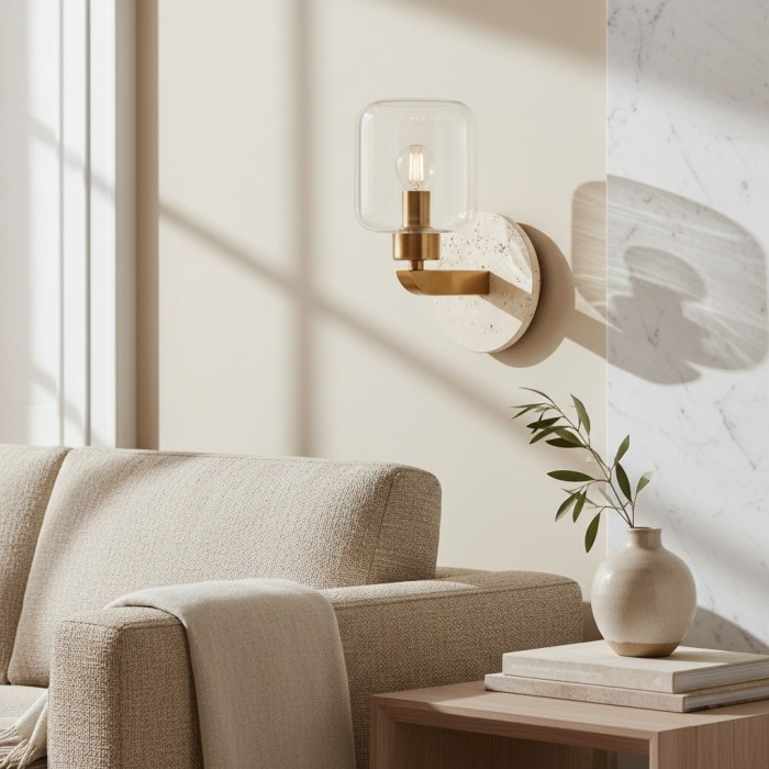 Korlisse Modern Marble Wall Light - Vintage Brass & Clear Glass Accent for Living Room and Hallway HL2145