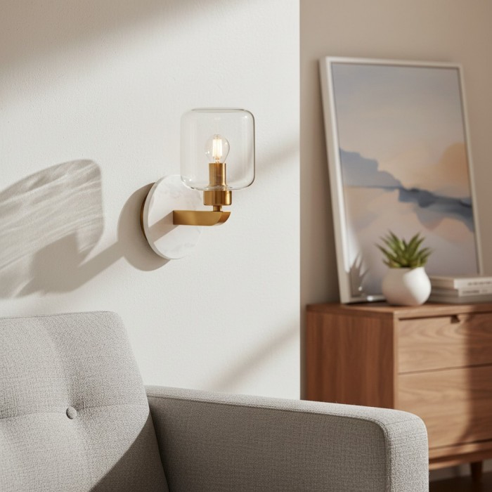 Korlisse Modern Marble Wall Light - Vintage Brass & Clear Glass Accent for Living Room and Hallway HL2145