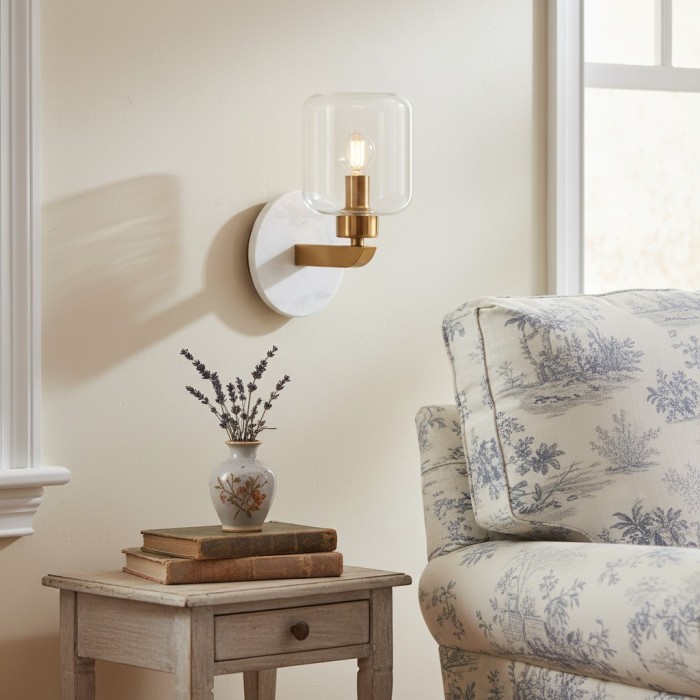 Korlisse Modern Marble Wall Light - Vintage Brass & Clear Glass Accent for Living Room and Hallway HL2145
