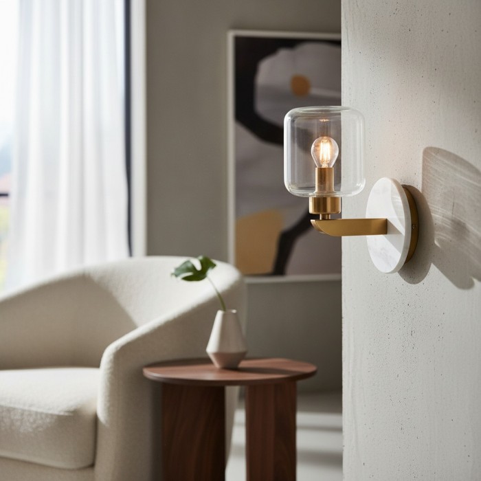 Korlisse Modern Marble Wall Light - Vintage Brass & Clear Glass Accent for Living Room and Hallway HL2145