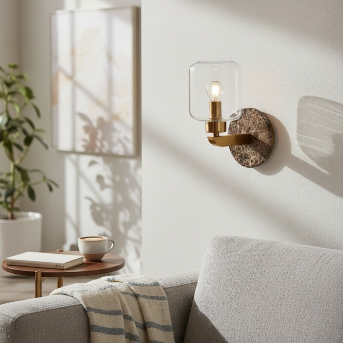 Korlisse Modern Marble Wall Light - Vintage Brass & Clear Glass Accent for Living Room and Hallway HL2145