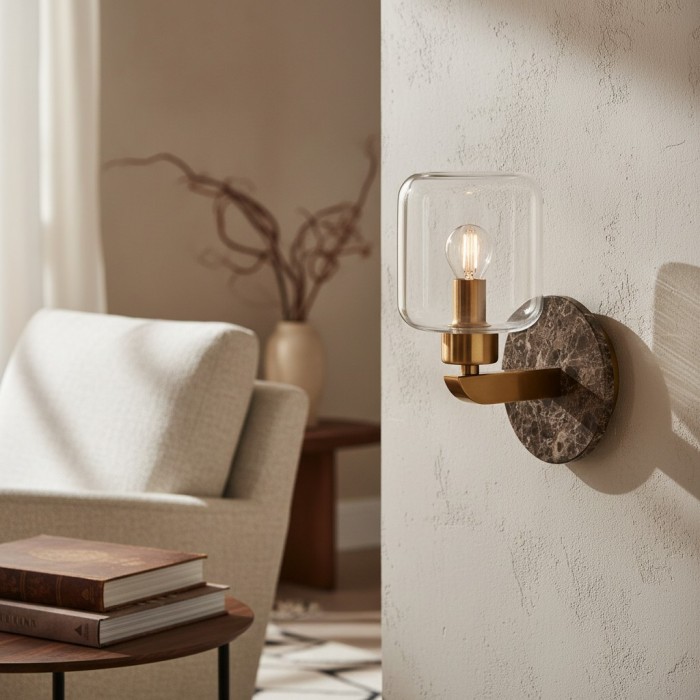 Korlisse Modern Marble Wall Light - Vintage Brass & Clear Glass Accent for Living Room and Hallway HL2145