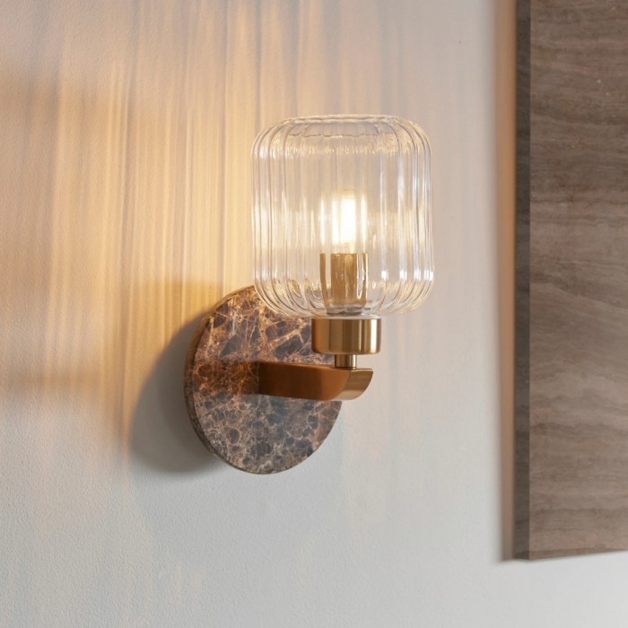 Korlisse Modern Marble Wall Light - Vintage Brass & Clear Glass Accent for Living Room and Hallway HL2145