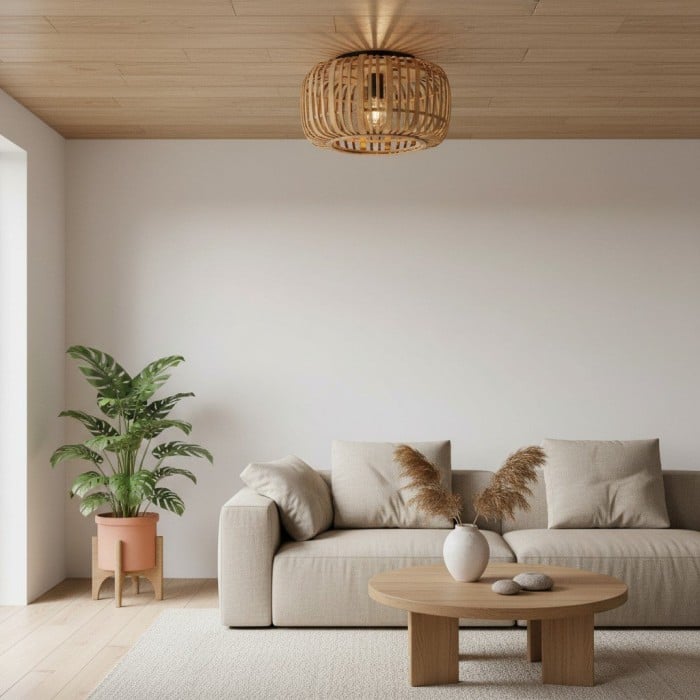 Yumeko Natural Bamboo Flush Ceiling Light - Organic Cage Design Sustainable for Living Room HL2173