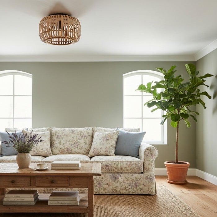 Yumeko Natural Bamboo Flush Ceiling Light - Organic Cage Design Sustainable for Living Room HL2173