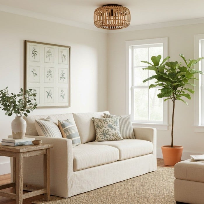 Yumeko Natural Bamboo Flush Ceiling Light - Organic Cage Design Sustainable for Living Room HL2173