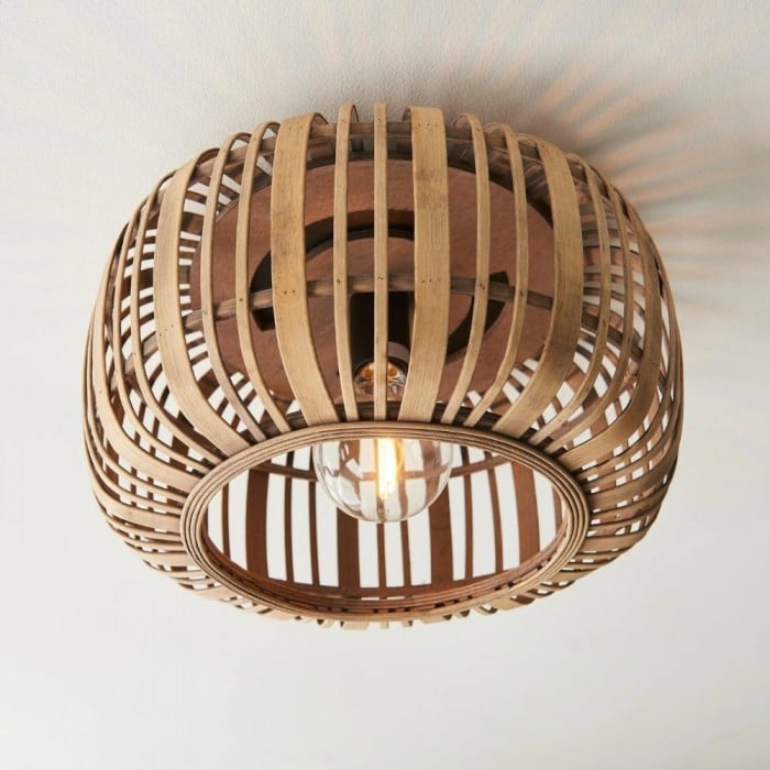 Yumeko Natural Bamboo Flush Ceiling Light - Organic Cage Design Sustainable for Living Room HL2173