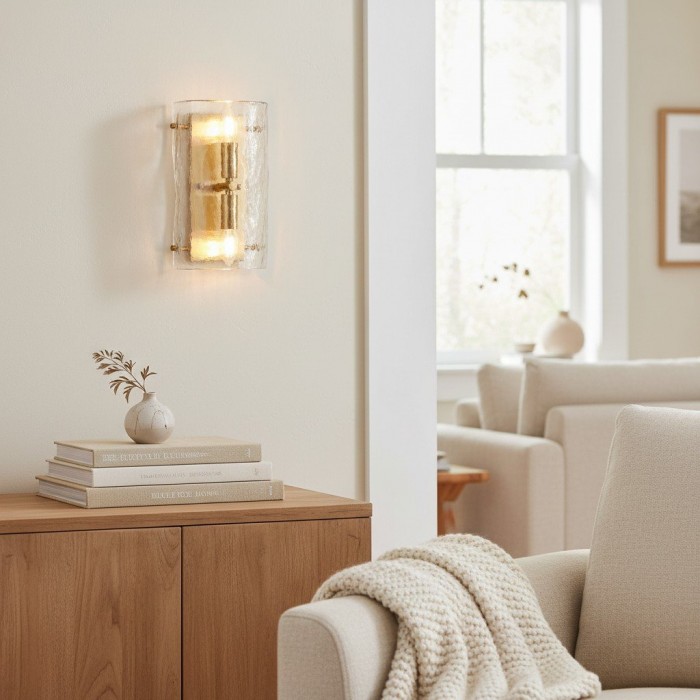 Panellux Moderne Wandarmatuur - Organisch Gestructureerd Glazen Paneel Vintage Messing Look voor Gang HL2142