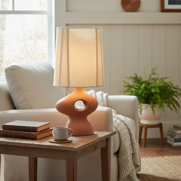 Pryssa Ceramic Table Lamp with Ivory Linen Shade -  Artistic Lighting for Living Room or Bedroom HL1859