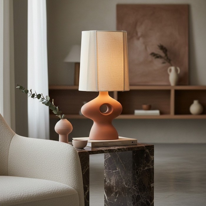 Pryssa Ceramic Table Lamp with Ivory Linen Shade -  Artistic Lighting for Living Room or Bedroom HL1859