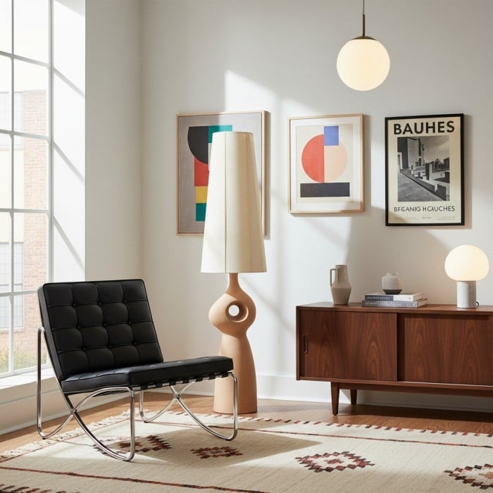 Lampadaire sculptural en céramique Pryssa - Abat-jour en lin ivoire pour salon HL1861