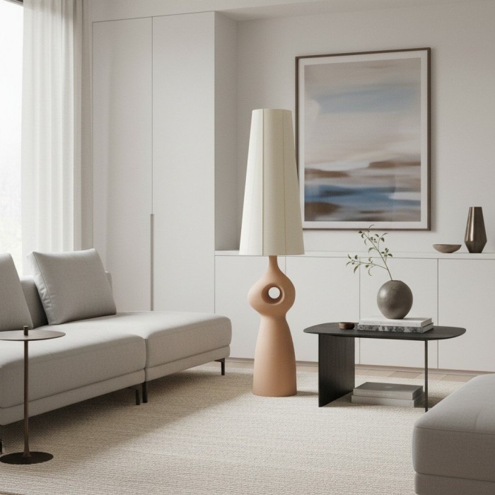 Lampadaire sculptural en céramique Pryssa - Abat-jour en lin ivoire pour salon HL1861