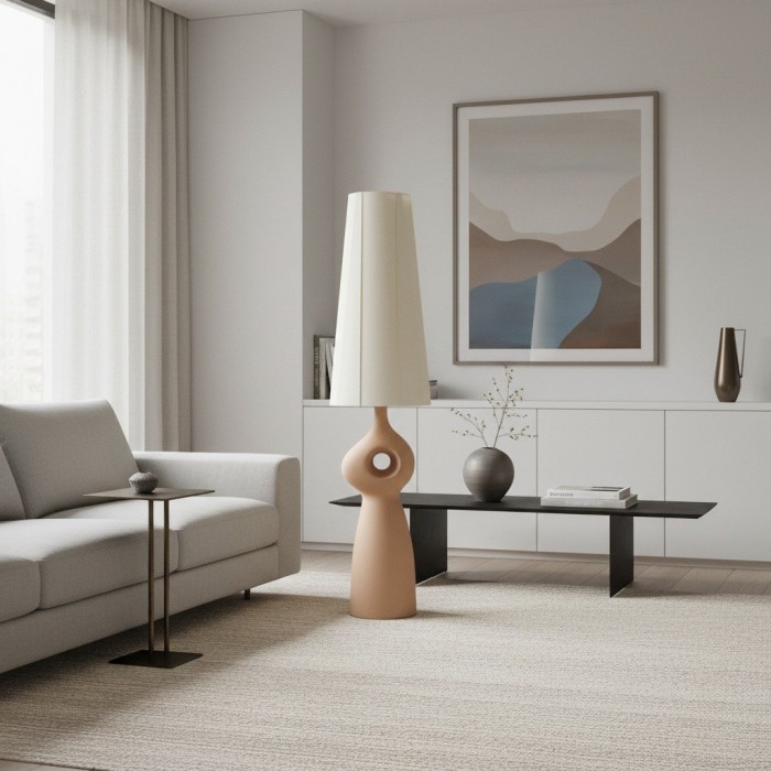 Lampadaire sculptural en céramique Pryssa - Abat-jour en lin ivoire pour salon HL1861